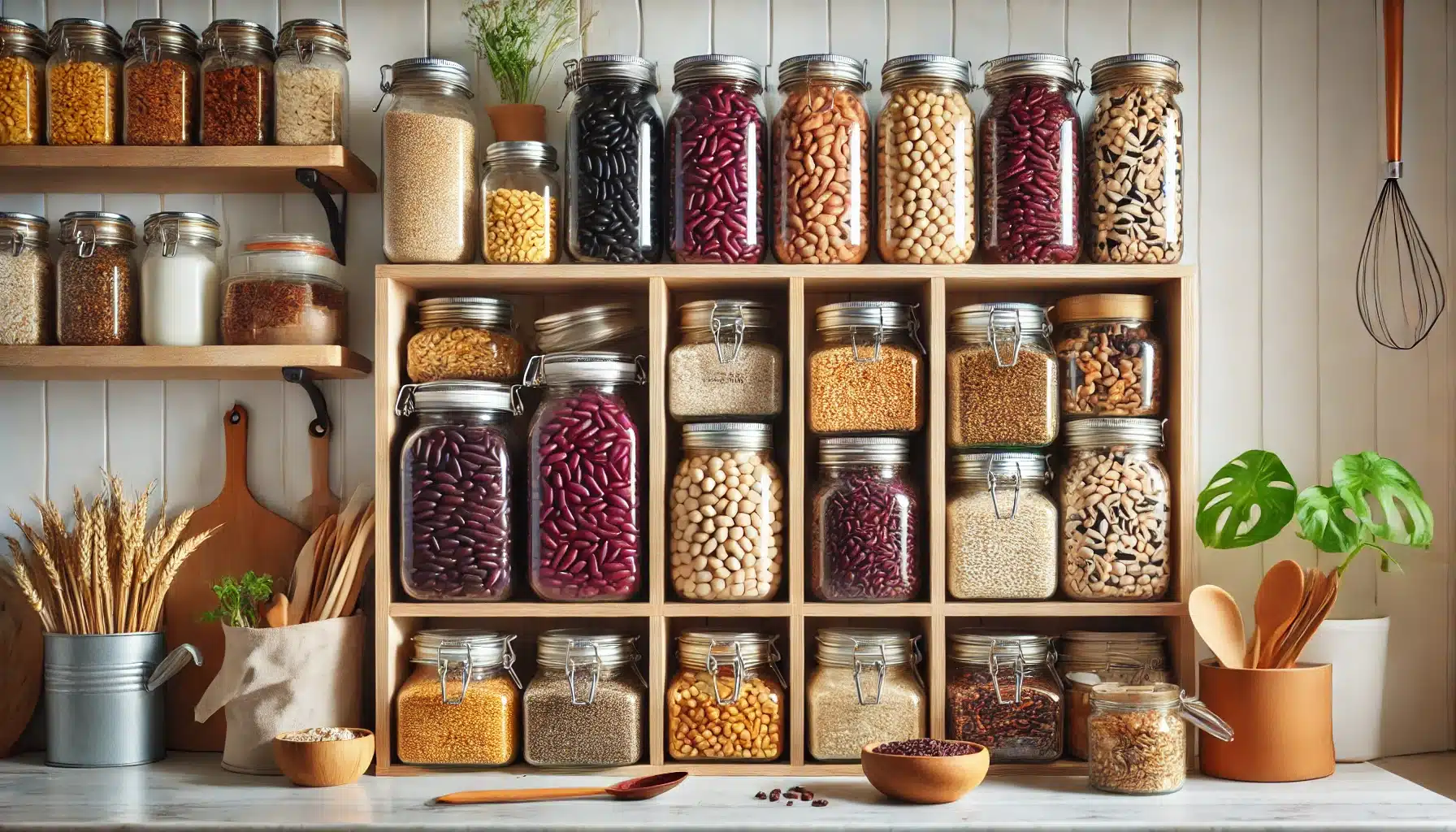 A vegan pantry featuring mason jars filled with dried beans like black beans, red beans, and chickpeas, alongside grains, nuts, and seeds on wooden shelves.