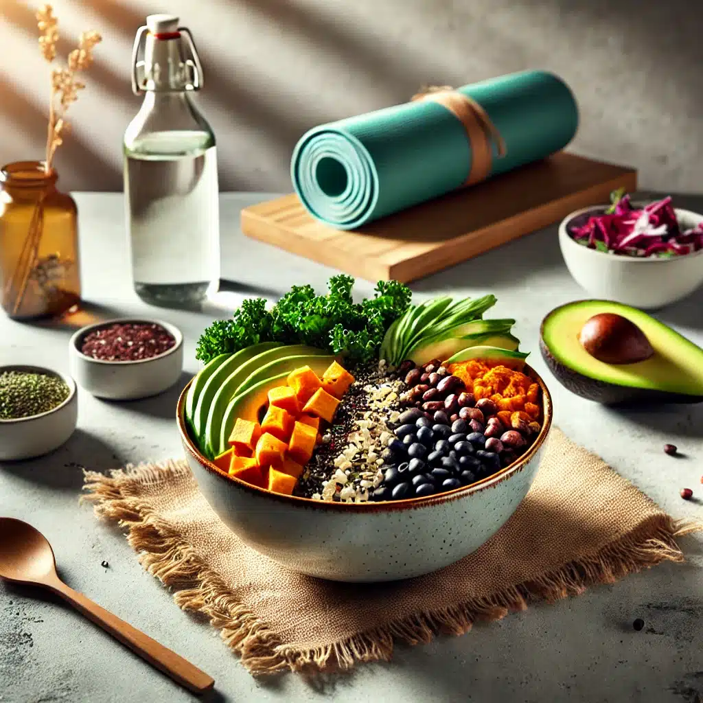 A vibrant bowl of quinoa, black beans, kale, sweet potatoes, and avocado slices on a minimalist table with workout gear in the background.