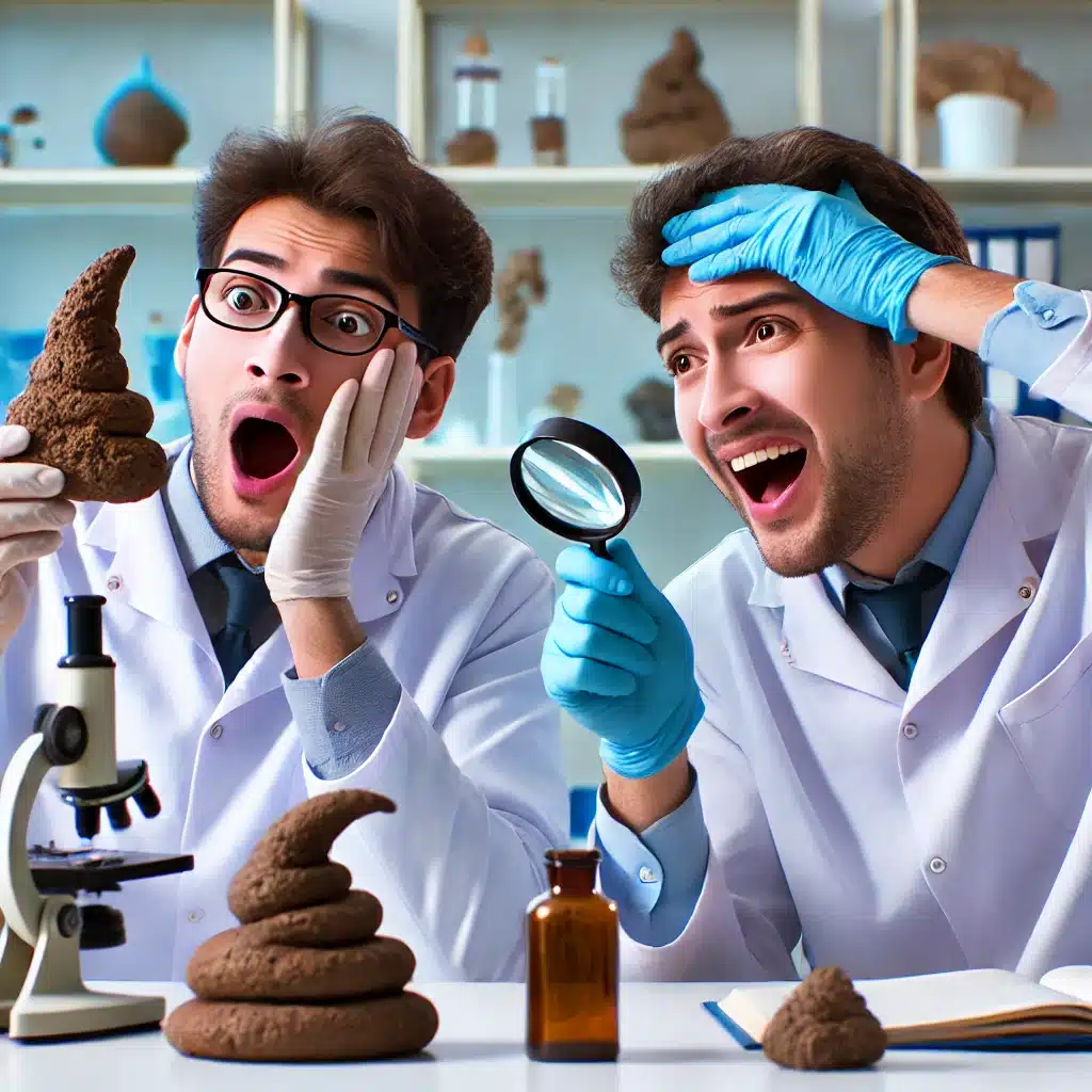 Scientists excitedly examining fossilized feces in a modern lab