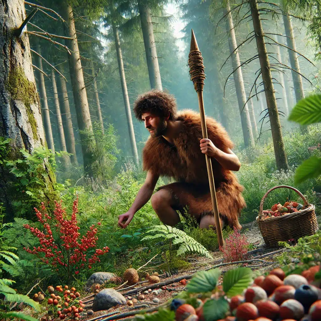 Prehistoric forager picking wild plants, nuts, and berries