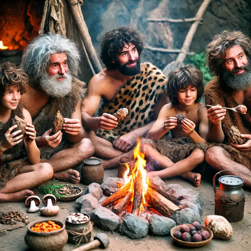 Cavemen sitting around a fire, eating a variety of foods