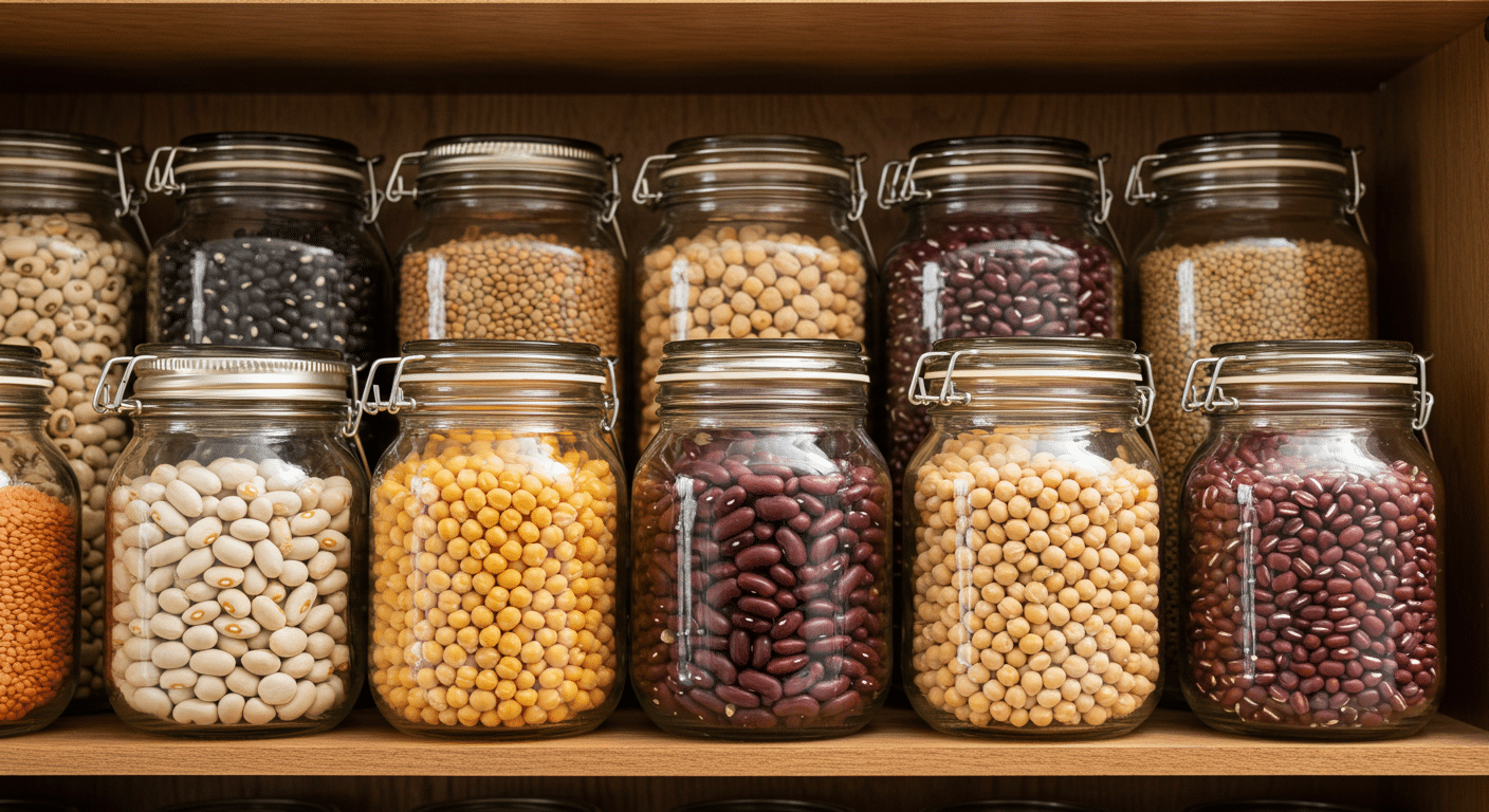 A kitchen pantry shelf neatly arranged with mason jars filled with different types of dried beans, including black beans, kidney beans, chickpeas, and lentils.