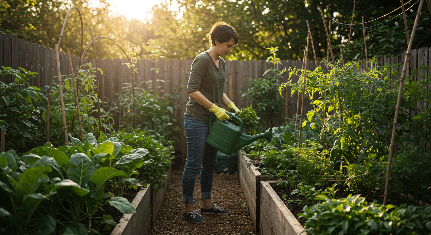 A person tending to their small backyard vegetable garden, carefully caring for thriving plants like tomatoes, leafy greens, and herbs.