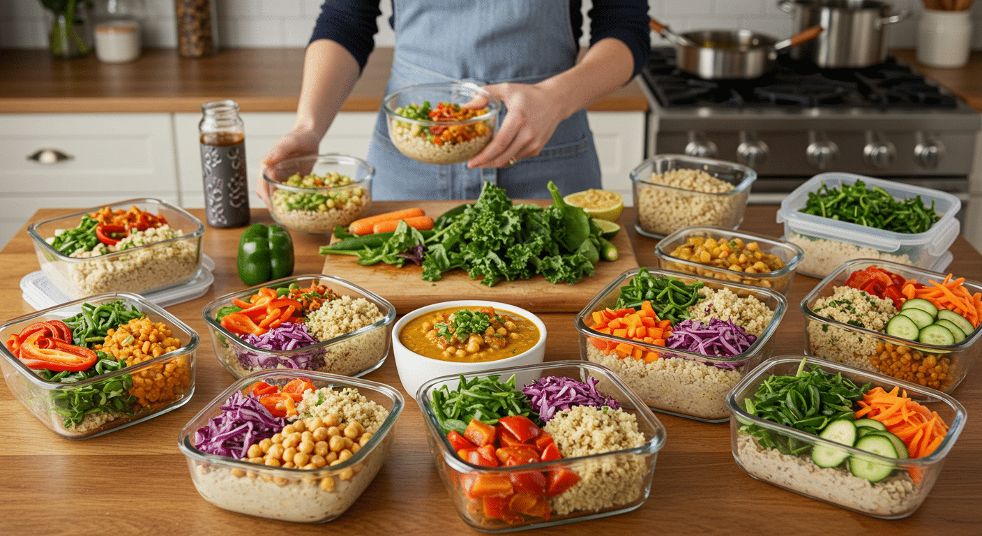 A person meal prepping whole-food, plant-based meals in a bright kitchen, filling glass containers with vibrant dishes like quinoa bowls, lentil soup, and fresh salads.