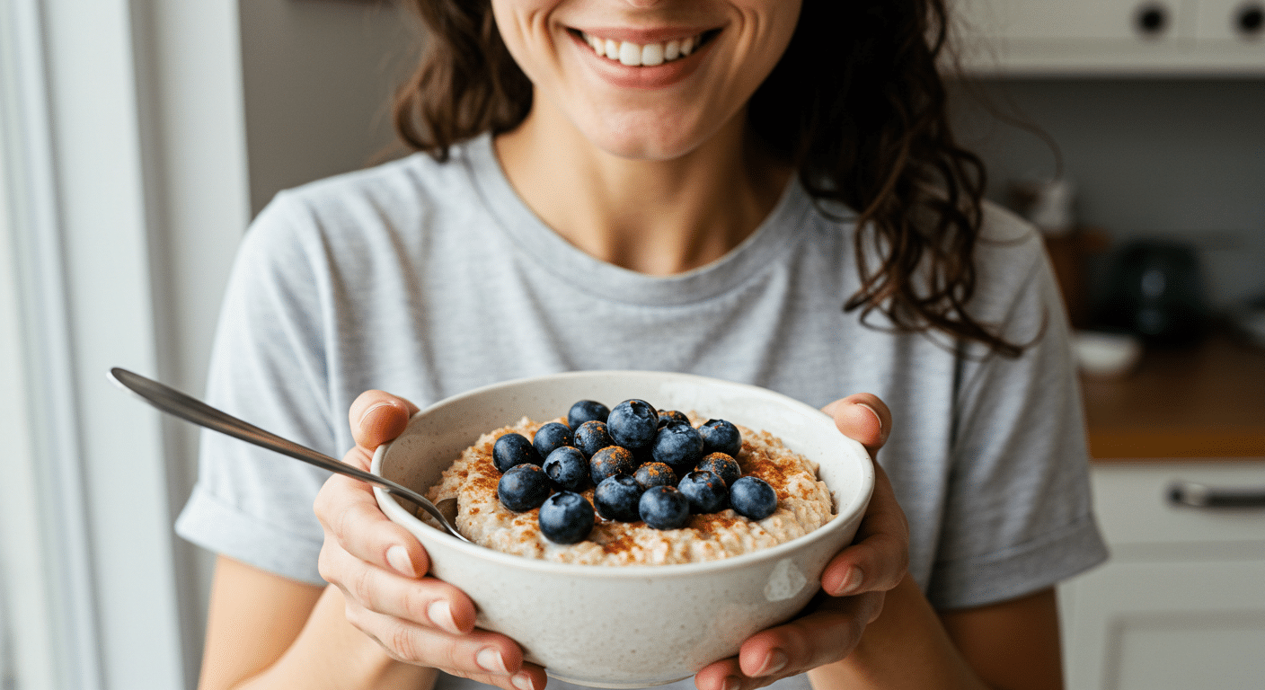 A smiling person holding a bowl of oatmeal topped with fresh blueberries and cinnamon, looking at it with appreciation.