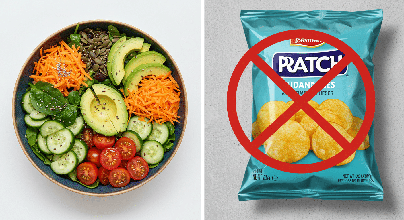 A big bowl of colorful salad on one side and a bag of potato chips with a red 'no' symbol over it on the other, highlighting the choice between healthy and processed food.