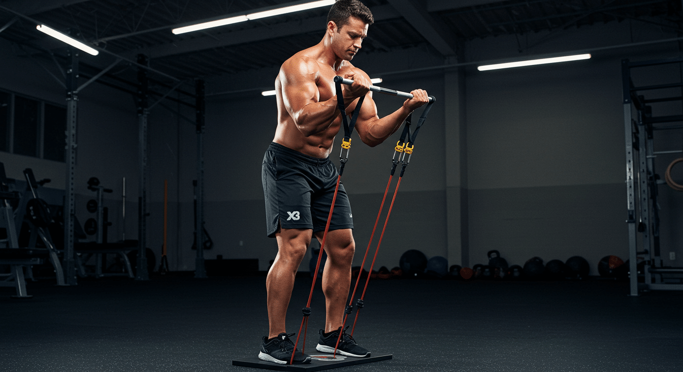 A realistic bodybuilder using the X3 Bar resistance band system, standing on a ground plate with bands anchored under his feet, performing a bicep curl with a short Olympic-style bar.