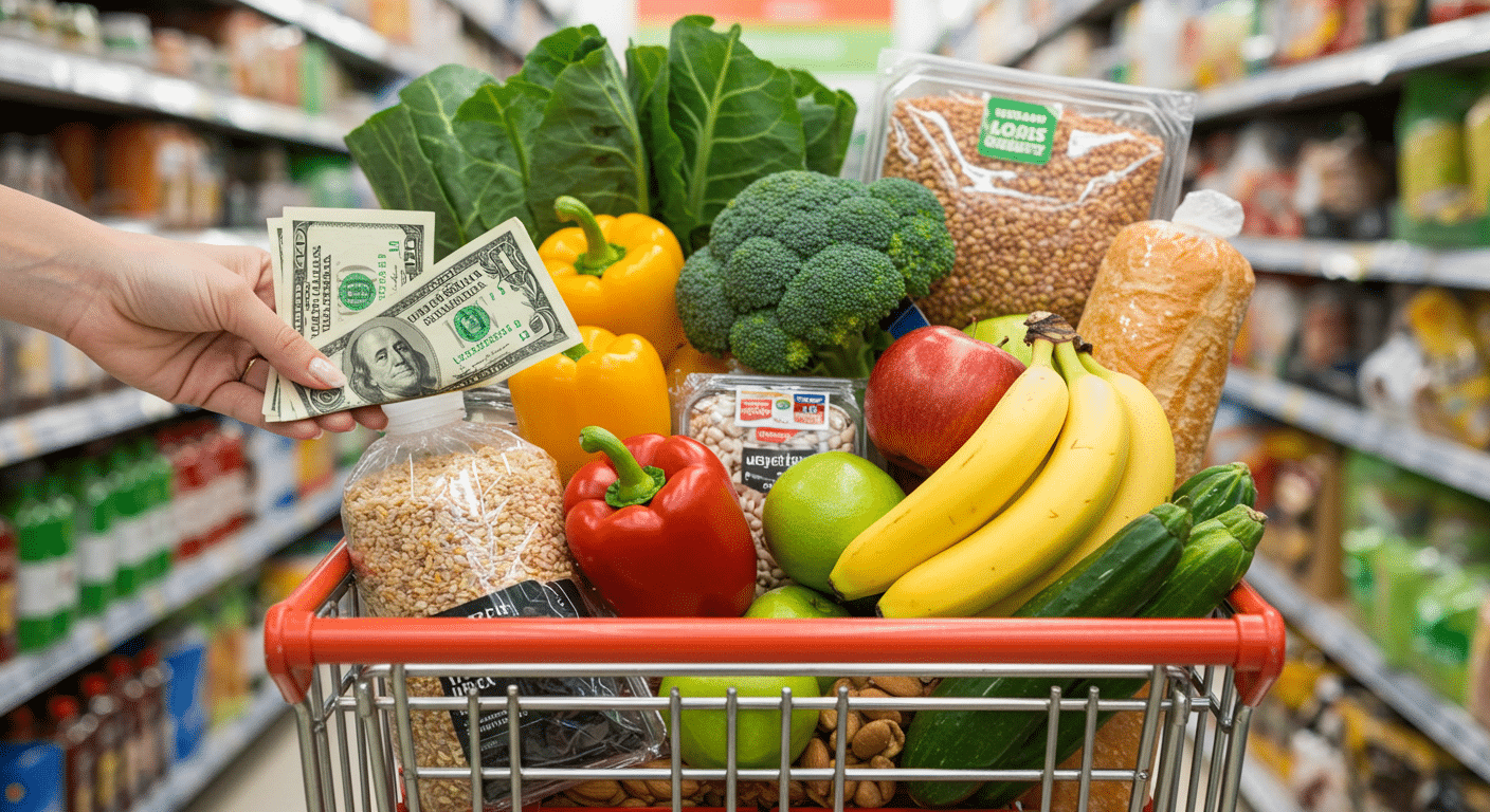 A shopping cart filled with whole-food, plant-based groceries, including vegetables, fruits, beans, and grains, with a hand holding a wad of cash symbolizing savings.