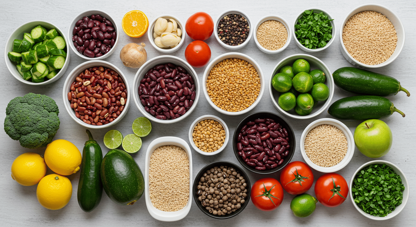 A flat lay of a weekly meal plan for a whole-food, plant-based diet, including ingredients like beans, grains, vegetables, and fruits, arranged neatly.