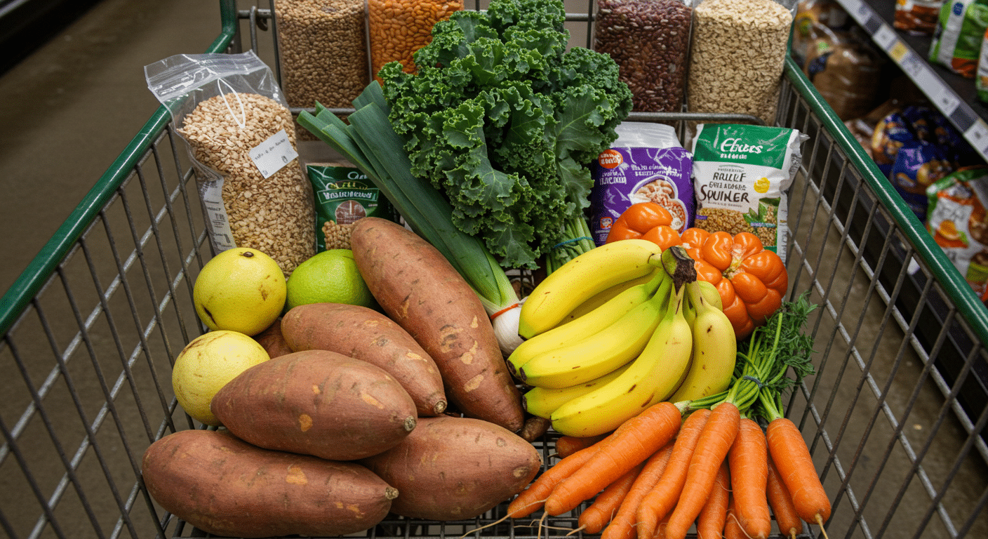 A grocery cart filled with fresh produce, grains, and legumes, showcasing an affordable whole-food, plant-based shopping haul.