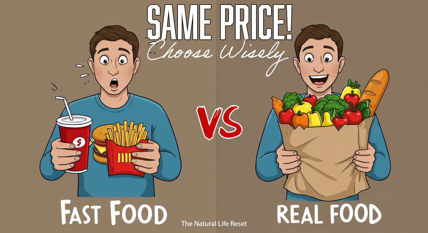 A humorous comparison of a person reacting to the high cost of fast food versus getting more whole foods for the same price.