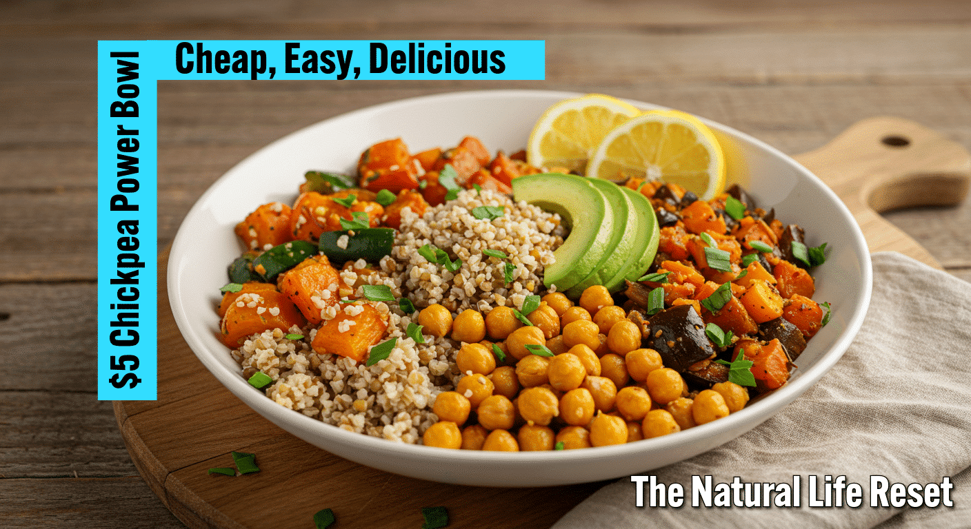 A colorful chickpea quinoa bowl with fresh veggies and lemon wedges.