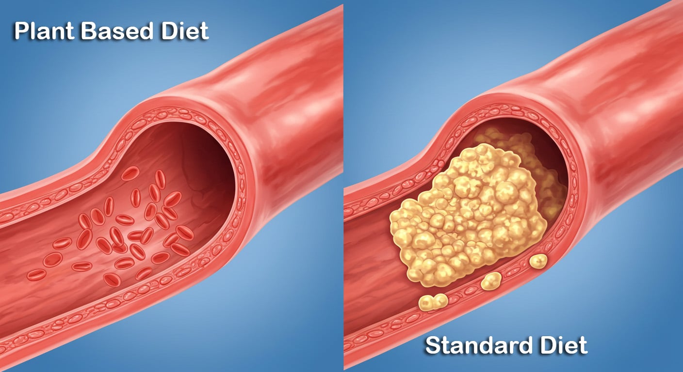 Comparison of a healthy, plant-based diet artery versus a clogged, animal-based diet artery.