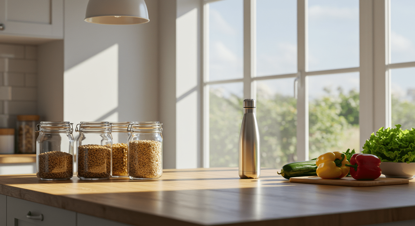 Sunlit kitchen counter with glass jars, fresh vegetables, and a reusable water bottle