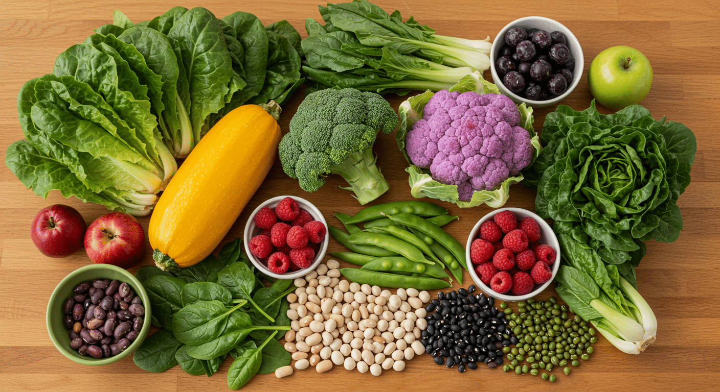 Overhead view of fresh plant-based ingredients like leafy greens and legumes