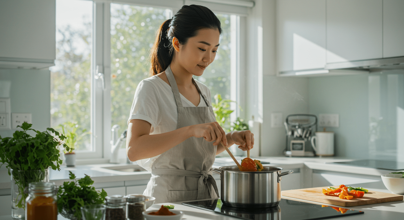 A person stirring vegetables in a pan without oil.