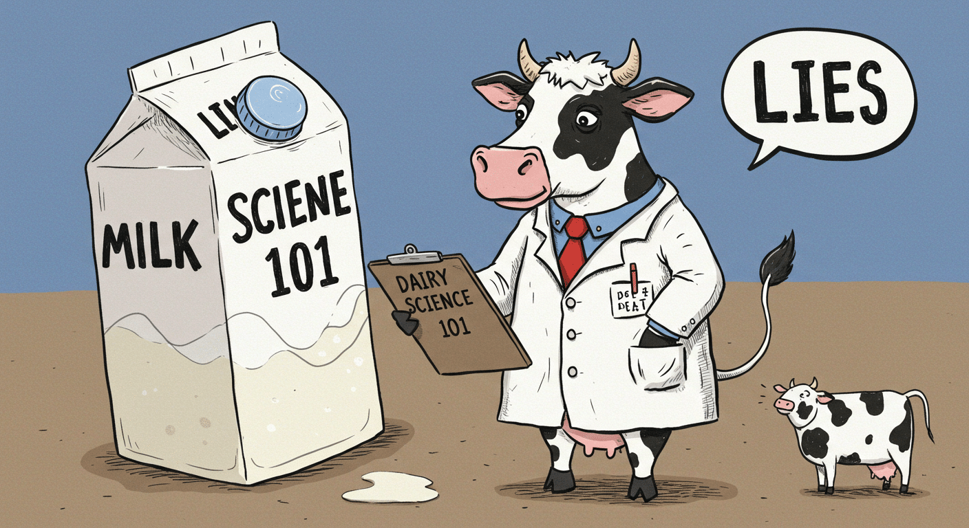 A cow in a lab coat holding a clipboard about dairy science.