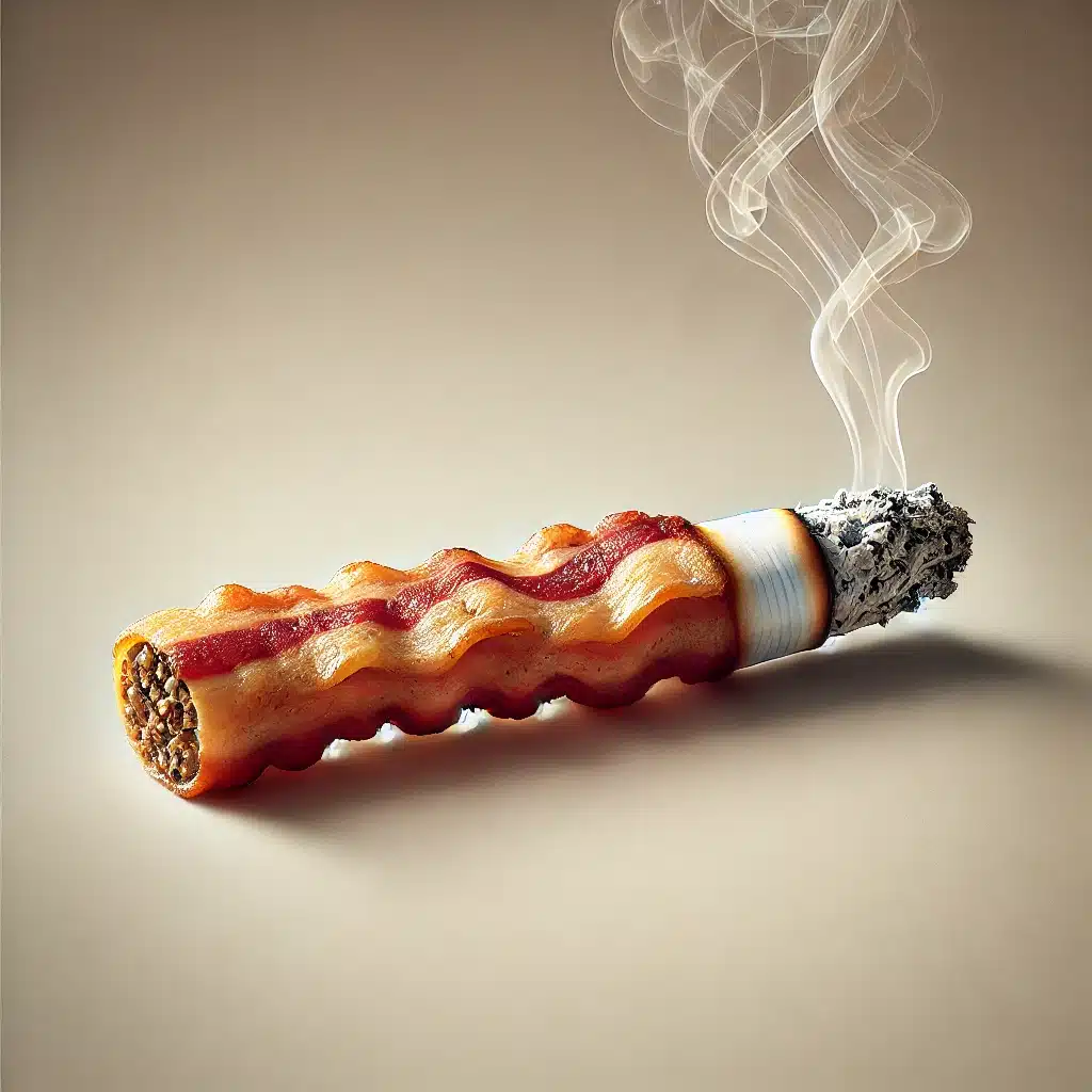 A surreal image of a cigarette made entirely of crispy bacon, emitting smoke from the tip. The bacon has detailed crispy edges and a slightly greasy sheen, set against a neutral, blurred background.