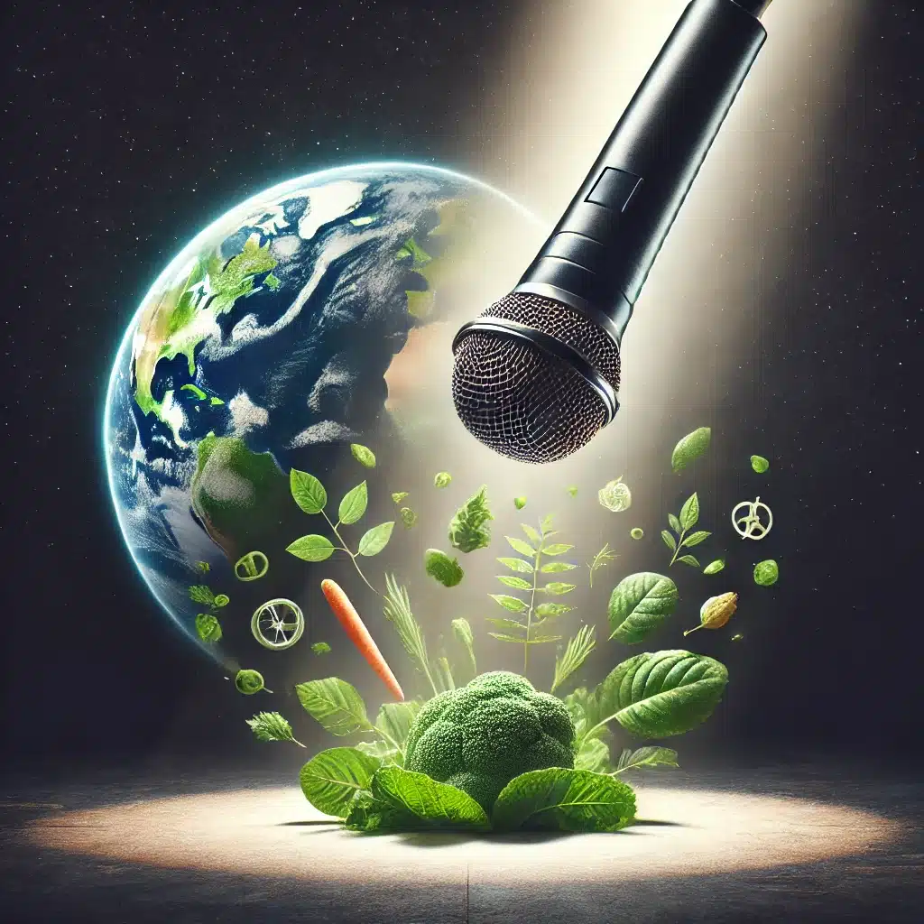 A dramatic image of a microphone dropping mid-air, symbolizing a powerful statement. The background features subtle vegan themes, including green leaves and plant-based elements, emphasizing sustainability and ethical living.