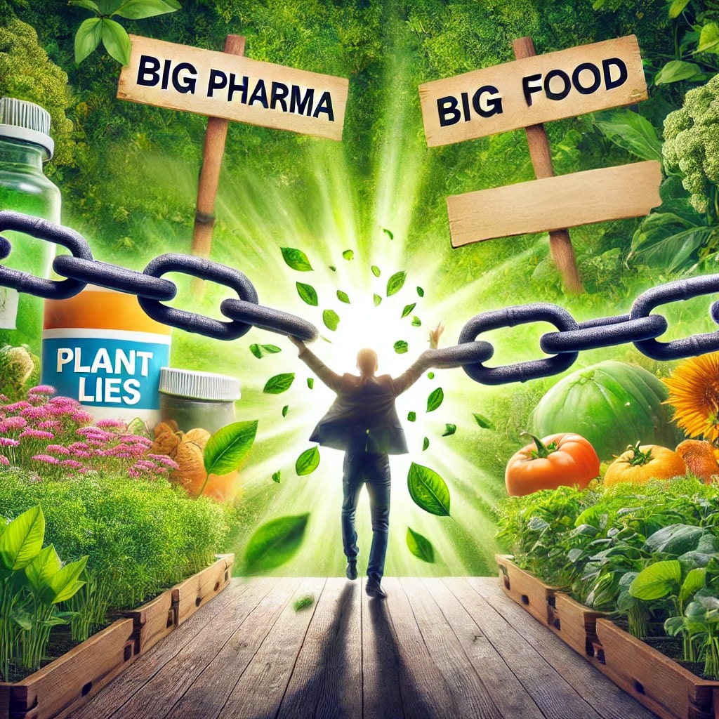 A person breaking free from chains labeled ‘Big Pharma,’ ‘Big Food,’ and ‘Government Lies,’ with a lush plant-based garden behind them representing health and freedom.