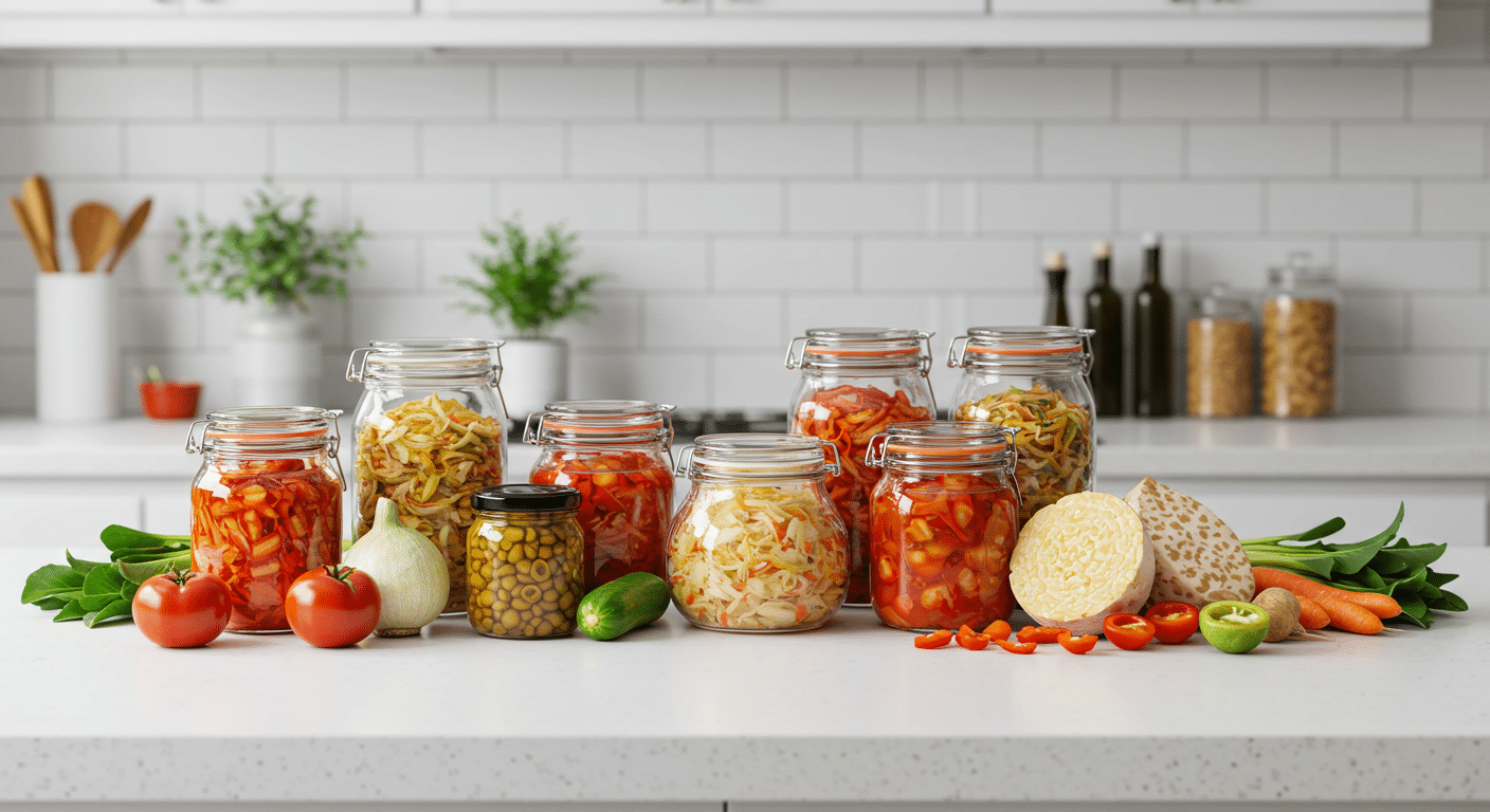 Jars of kimchi and sauerkraut on a kitchen counter, surrounded by fresh vegetables