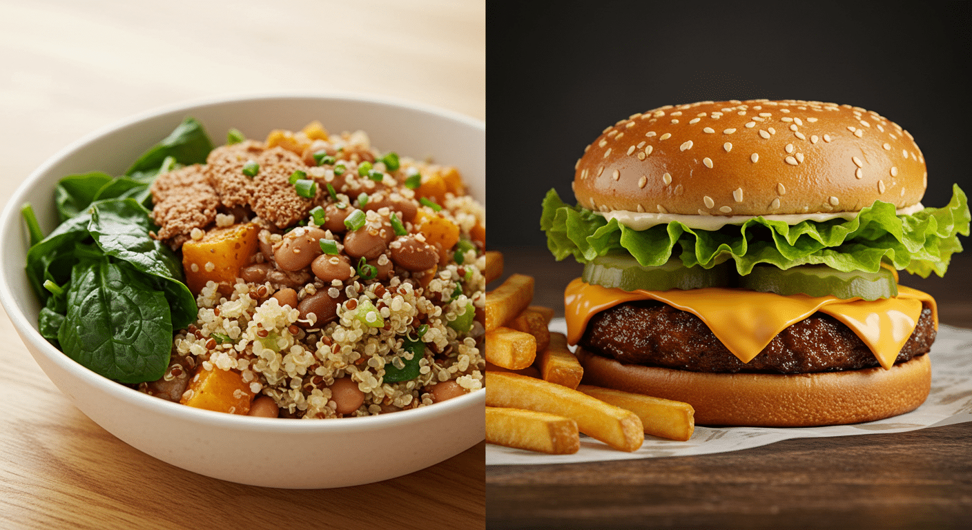 A plant-based meal beside a greasy cheeseburger, highlighting the contrast.