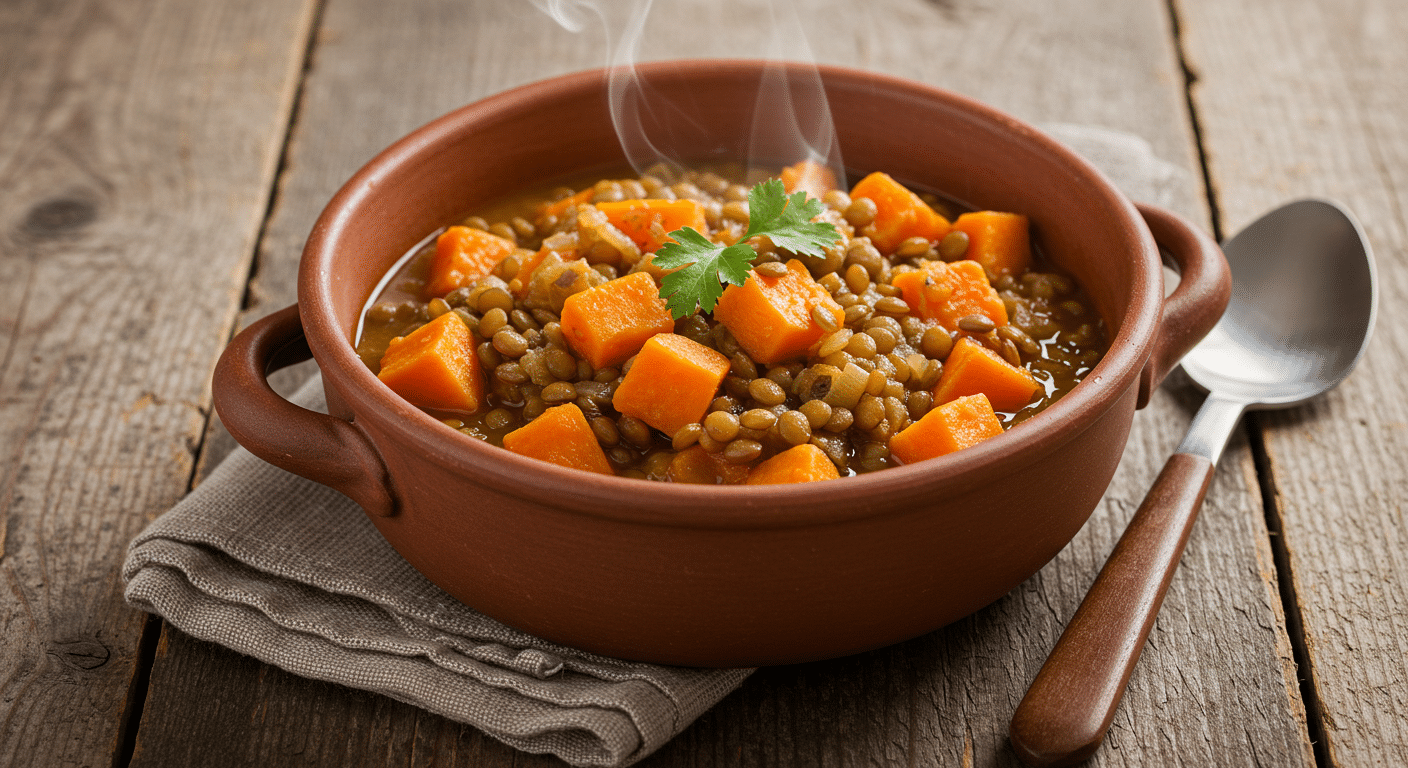 A warm bowl of lentil and sweet potato stew, garnished with fresh herbs.