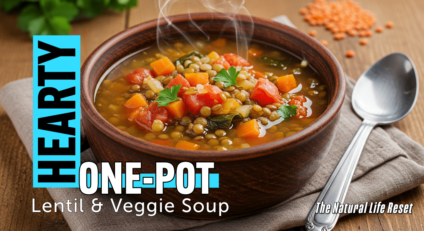 A bowl of homemade lentil and veggie soup with fresh herbs on top.