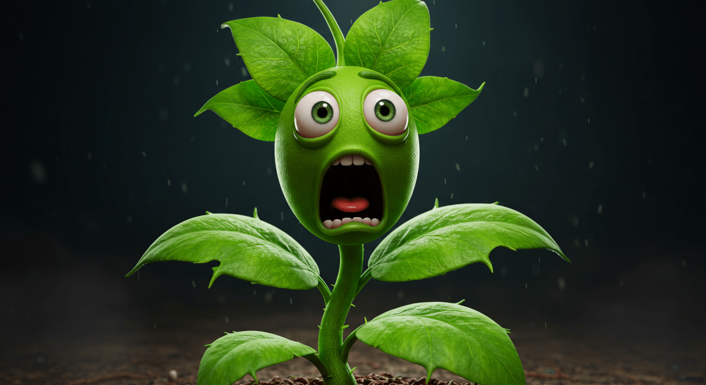 A terrified plant with wide eyes and a gaping mouth, frozen in a scream, its leaves raised in shock against a dark, ominous background.