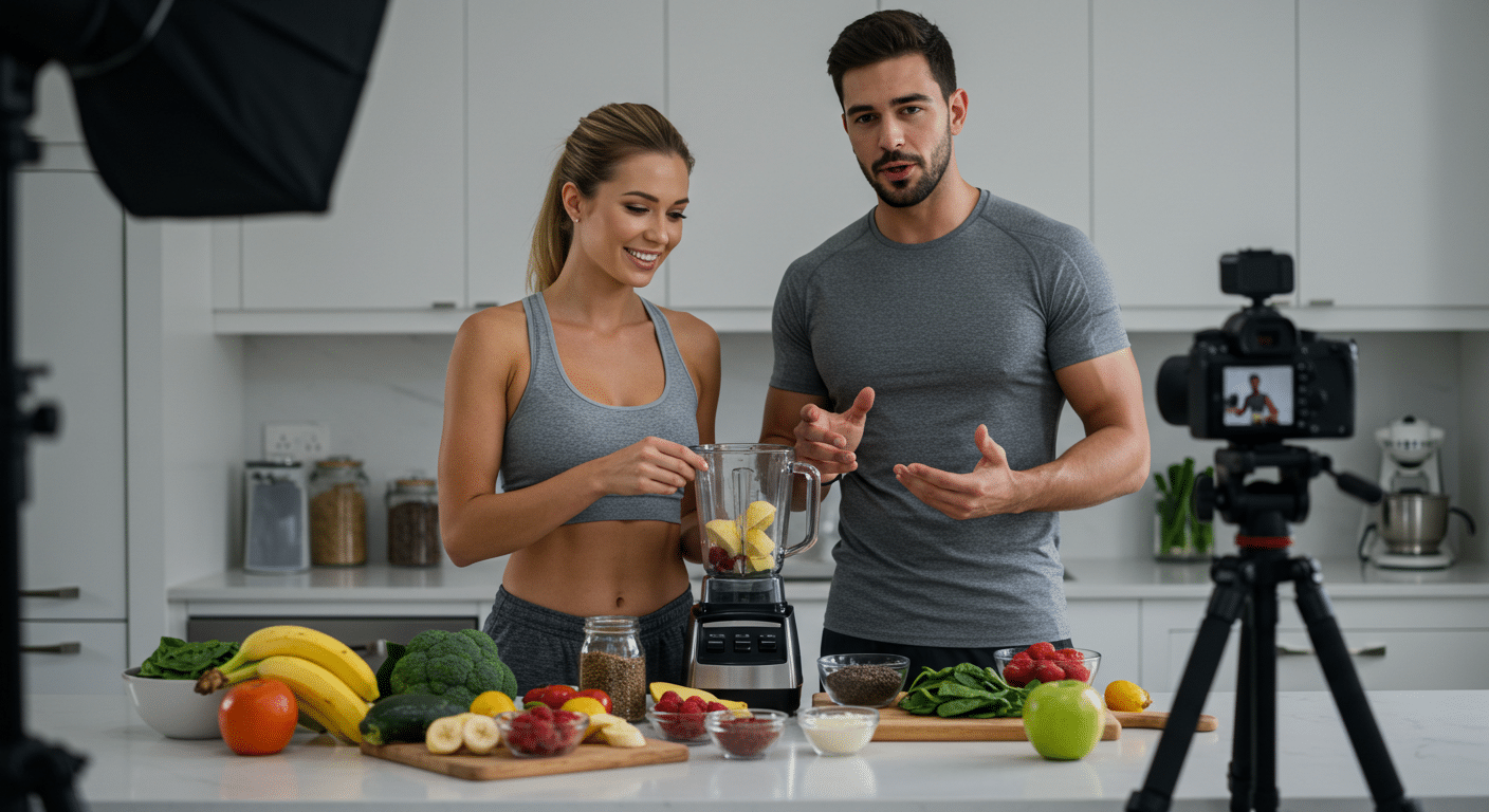 A male and female fitness coach team in a modern kitchen, making a whole-food, plant-based smoothie on camera.