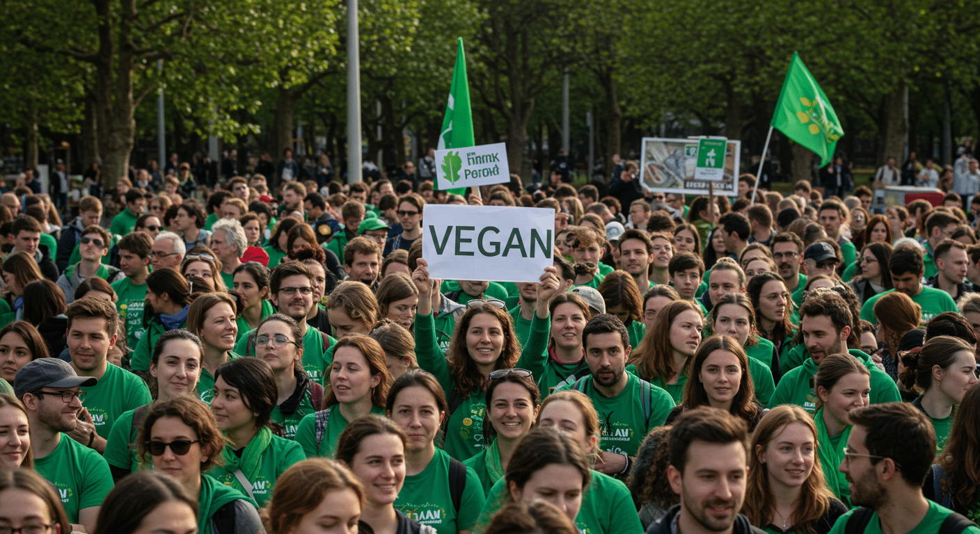 A large crowd of people wearing green shirts, with 10% holding signs that say "VEGAN" in bold letters at an outdoor gathering.