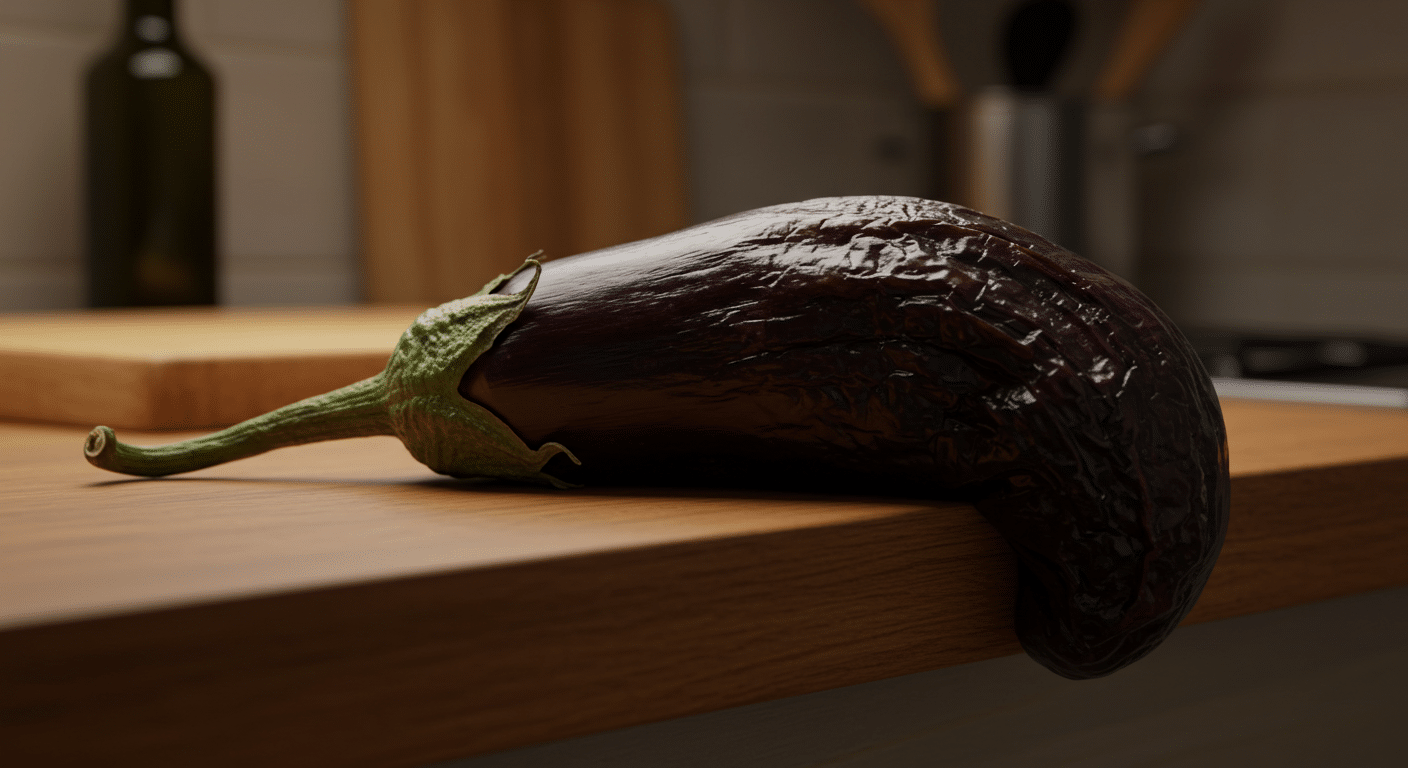 A wilted eggplant drooping over the edge of a kitchen counter, its skin wrinkled and sagging, emphasizing its limpness.