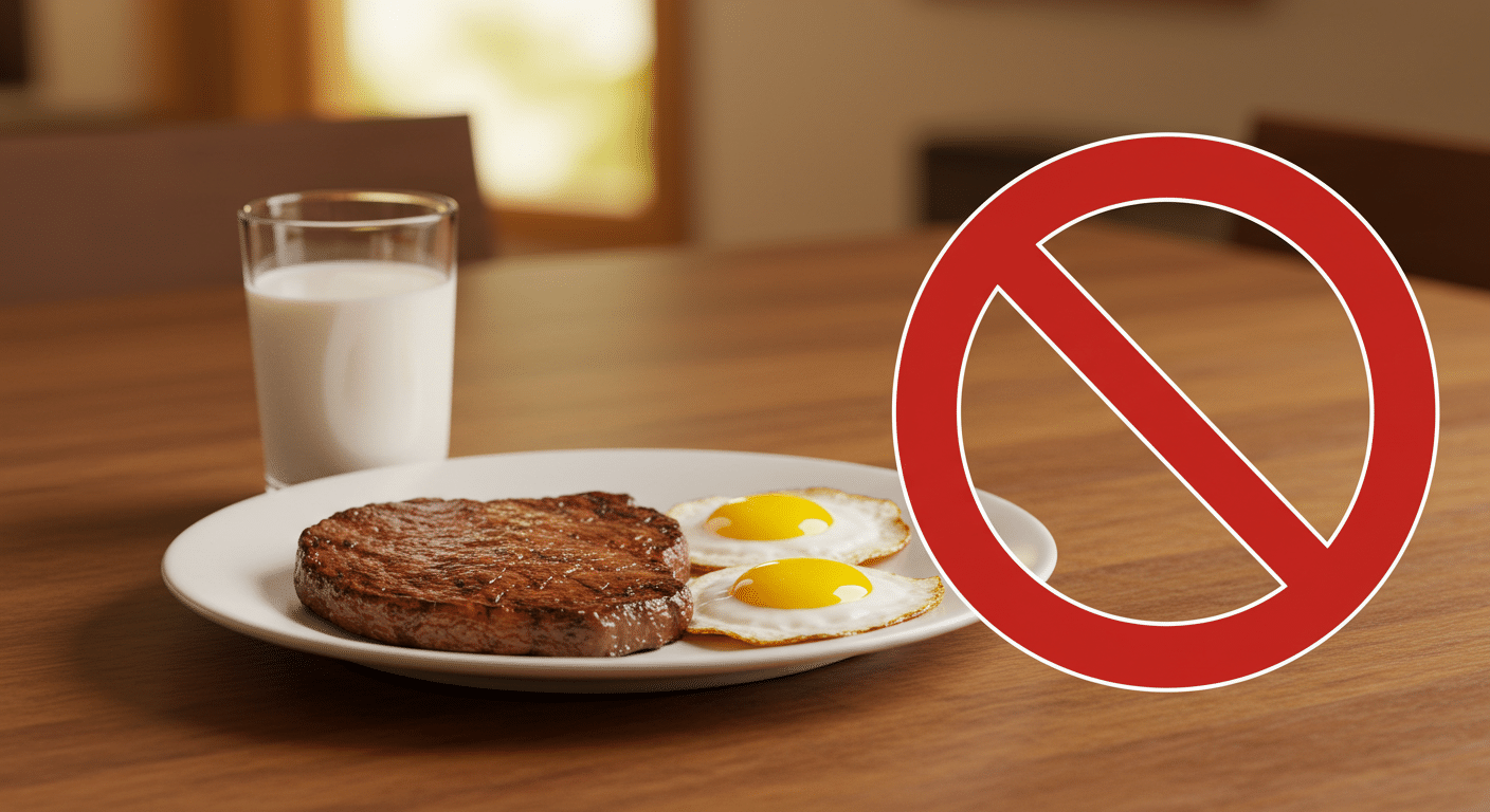 A plate of steak and eggs with a glass of milk, sitting on a table with a bright red stop sign next to it, symbolizing the health risks of consuming animal products.