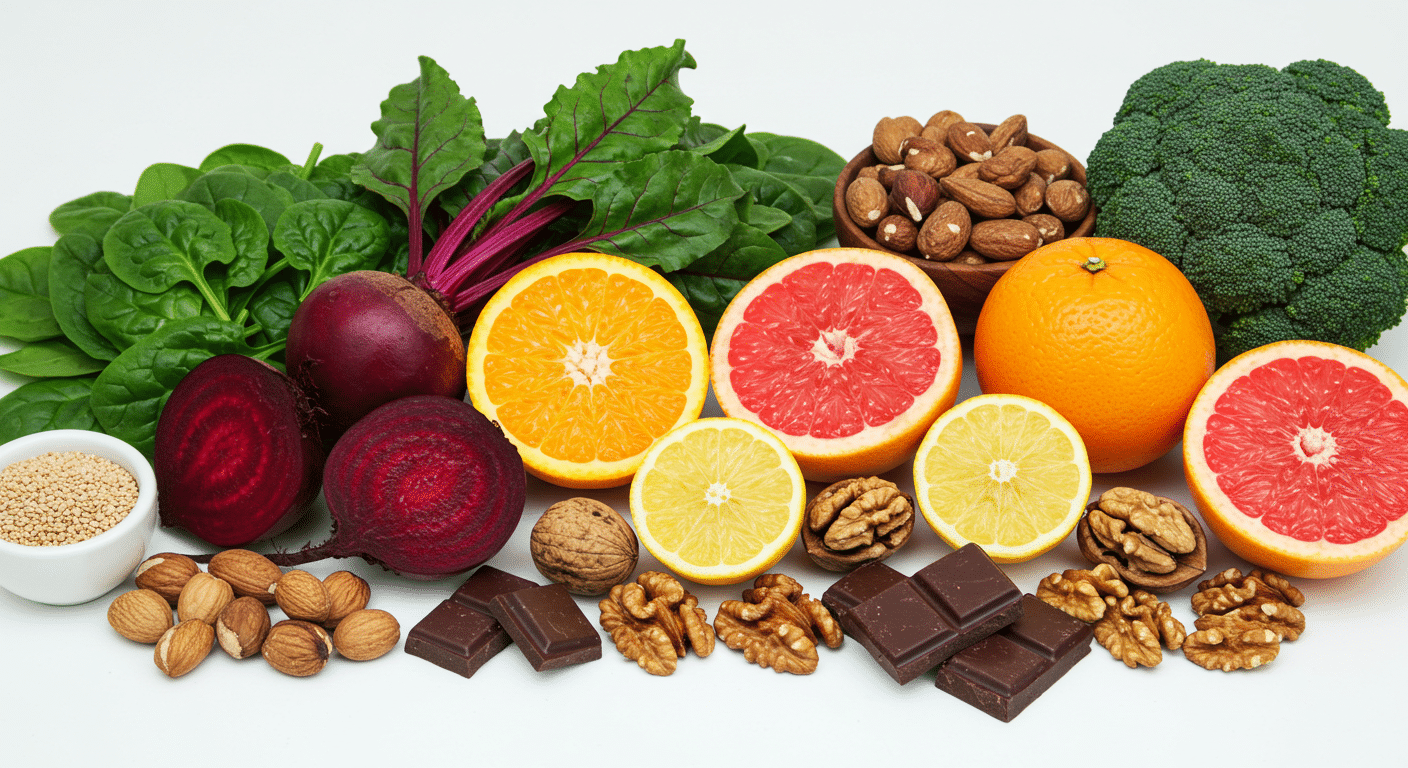 A selection of plant-based foods that boost nitric oxide and improve circulation, including leafy greens, beets, and citrus fruits.