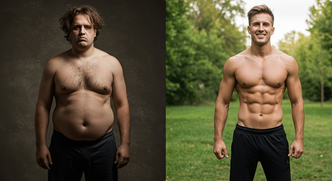 Before and after transformation of a man switching to a whole-food, plant-based diet for improved health and vitality.