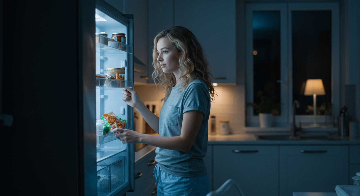 Woman looking inside a refrigerator at night.