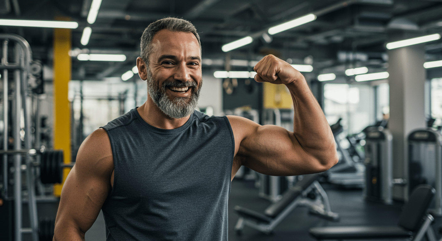 A fit, middle-aged man smiling and flexing his biceps outdoors after a workout.