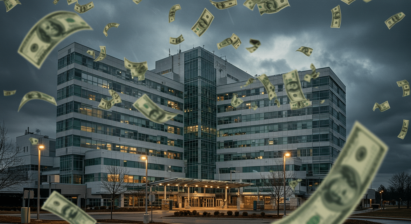 A large hospital building with floating dollar bills raining down in the foreground.