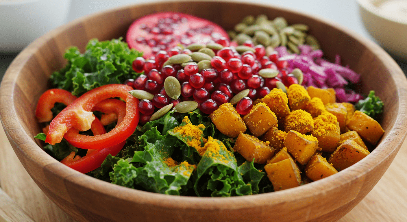 A nutrient-packed salad with kale, red bell peppers, pumpkin seeds, and pomegranate seeds.