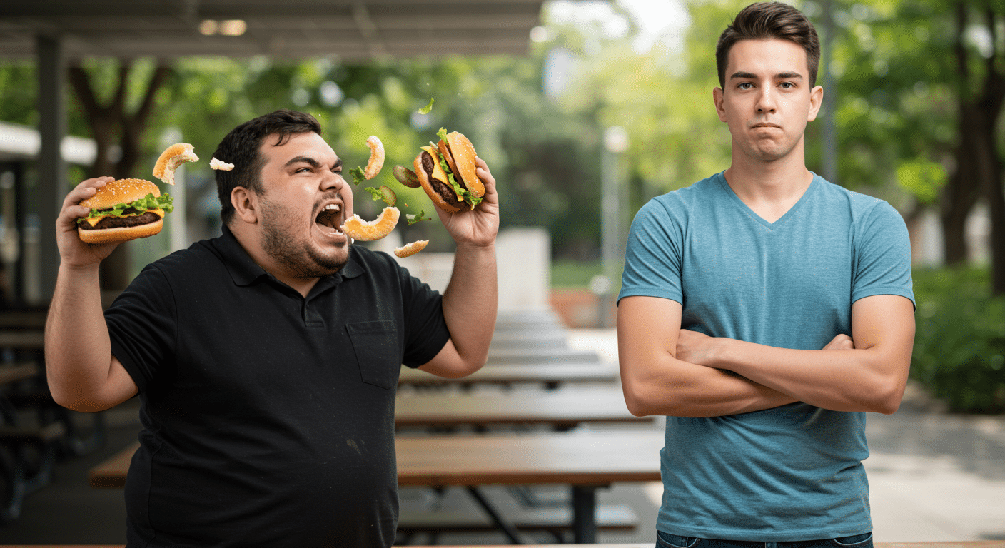 An angry overweight man yelling with a burger in hand, spitting food, while a calm, fit man stands confidently.