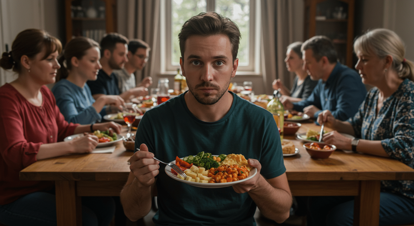 Vegan man eating plant-based meal at a family gathering.