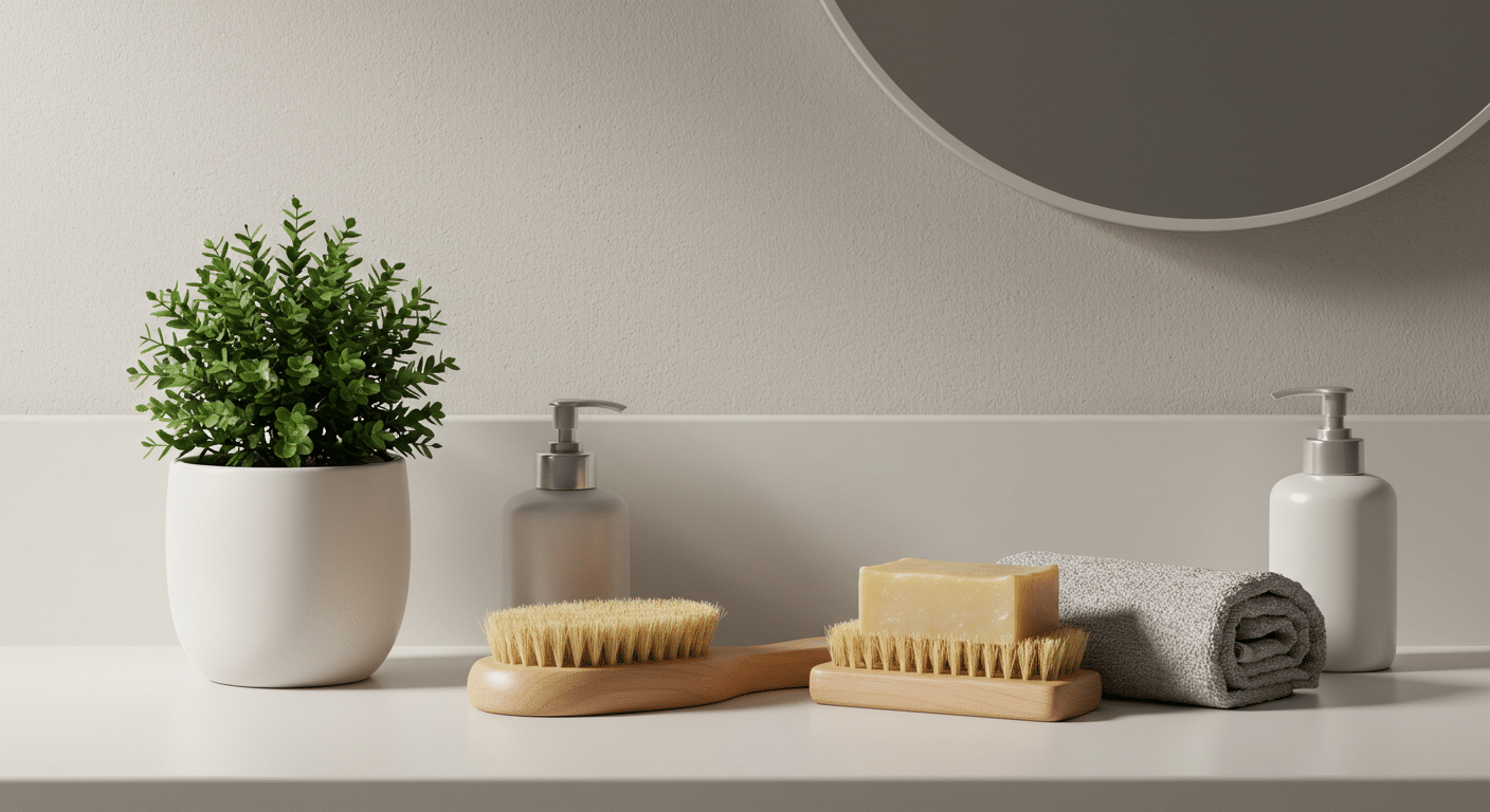 Bathroom countertop with green plants, a bar of natural soap, and wooden brushes