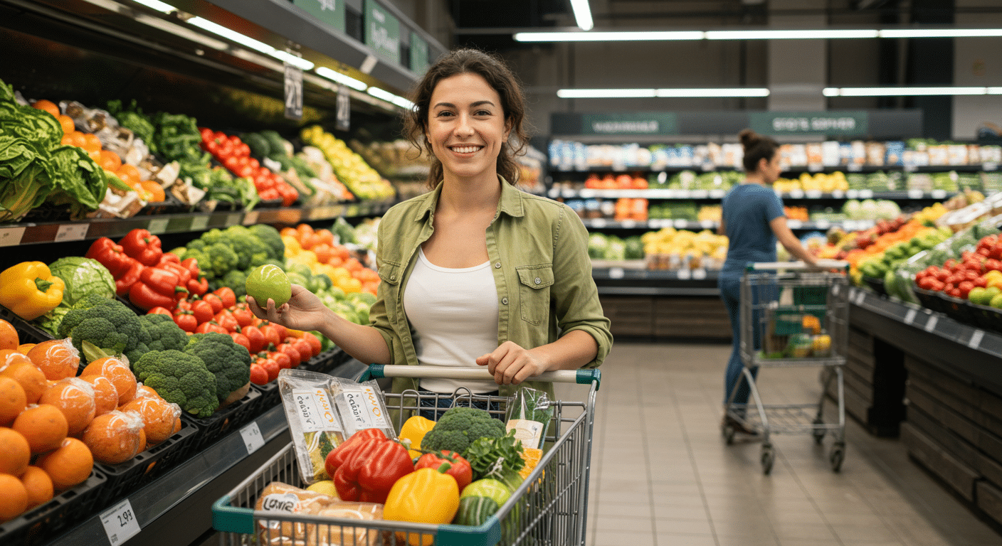 A vegan man selecting fresh produce at a grocery store.