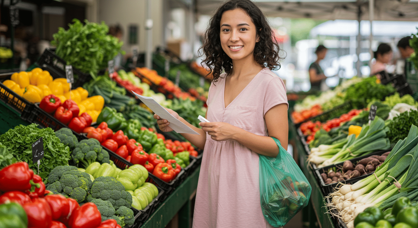 A smiling shopper picks fresh produce at a farmers’ market with a shopping list.