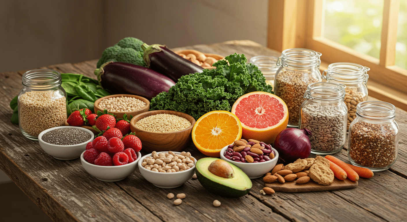 A variety of whole, plant-based foods on a wooden table.