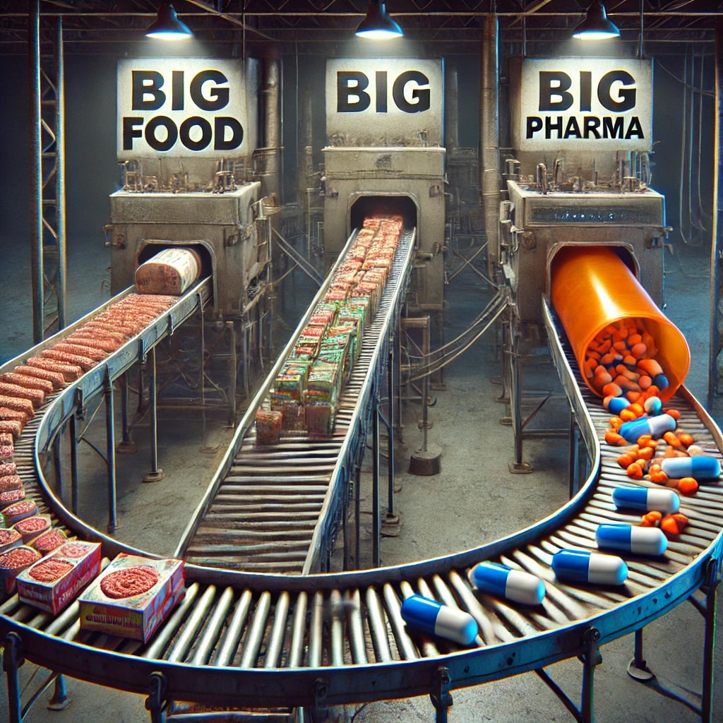 A dystopian conveyor belt system where processed food enters a ‘Big Food’ factory, and prescription pills emerge from ‘Big Pharma,’ symbolizing the cycle of profit-driven disease.