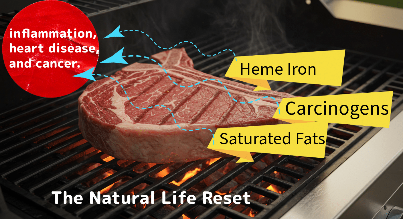 A visual breakdown of carcinogens, saturated fats, and heme iron found in grilled meat.