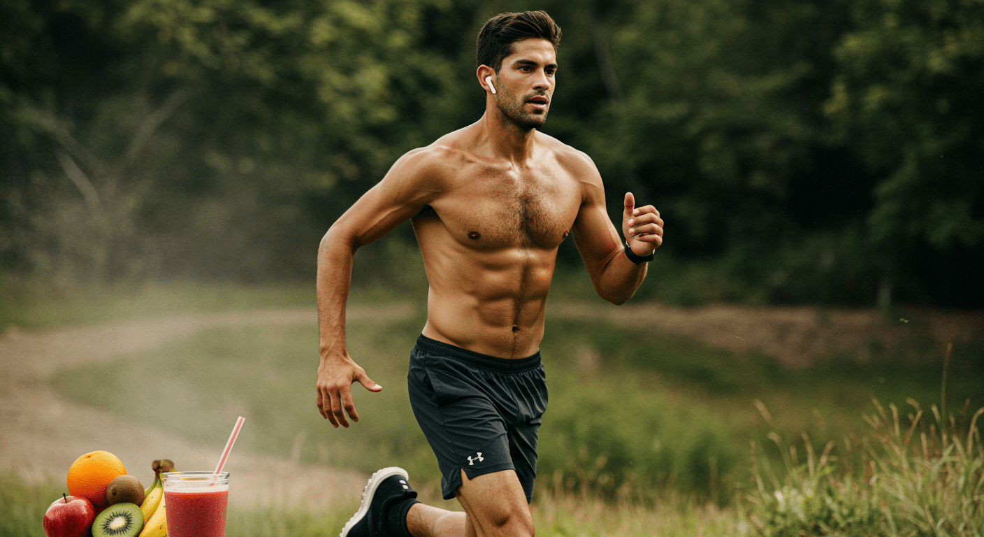 A strong, energetic vegan athlete running outdoors.