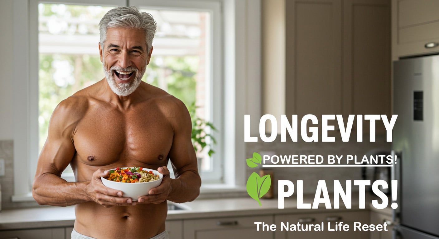 A healthy older adult enjoying a plant-based meal, showcasing the benefits of plant protein for longevity.