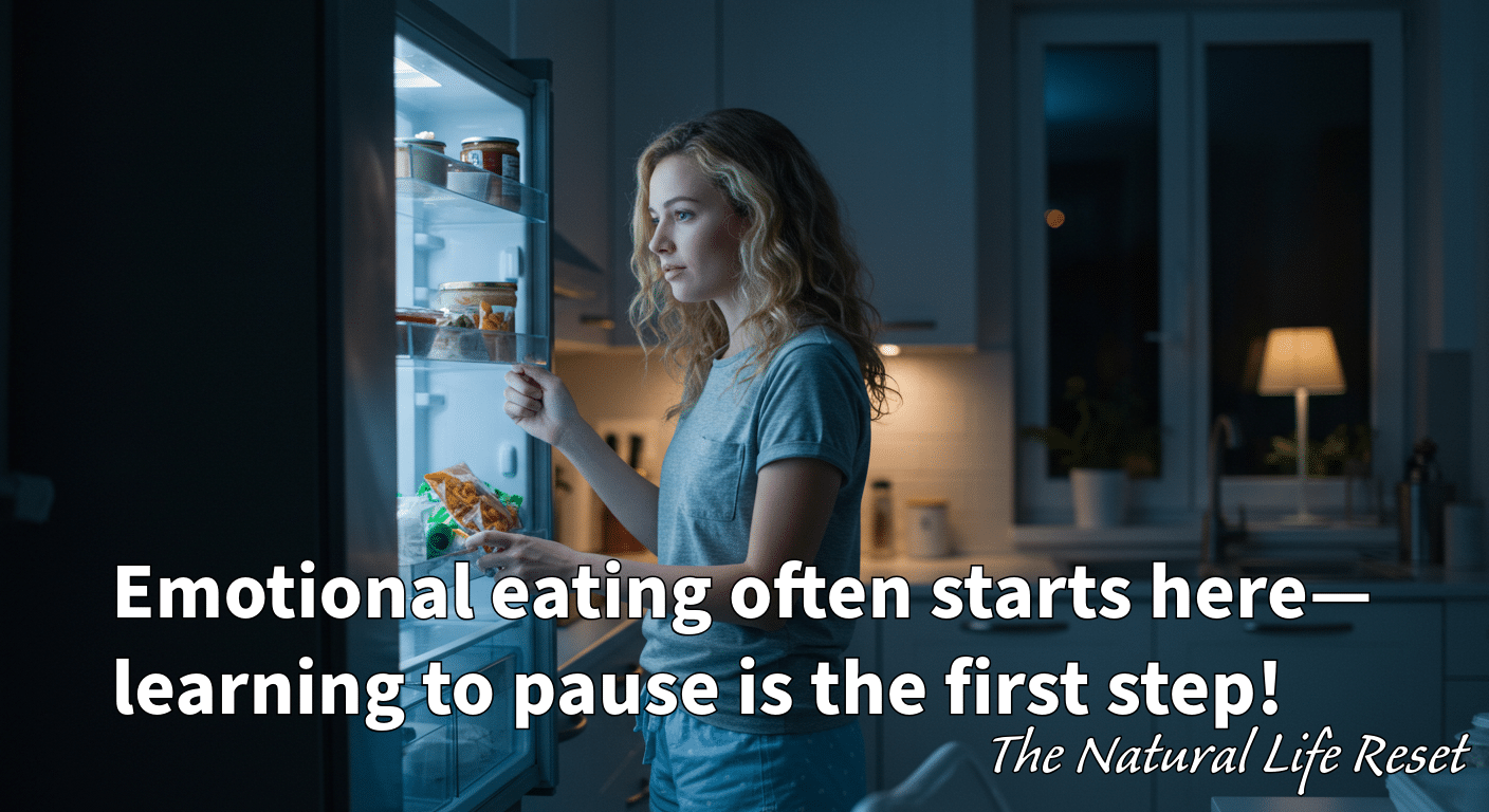 Woman staring into the fridge at night, deciding what to eat.